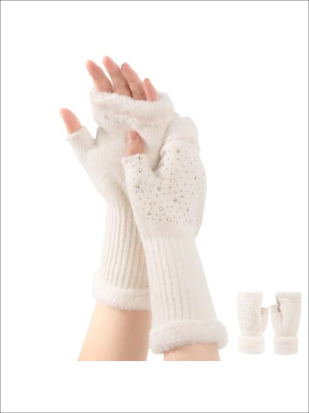 Wool Blend Fingerless Gloves Rhinestone Knit Mittens Winter Warm